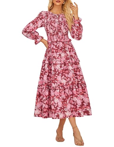 GRACE KARIN Damen 2025 Boho Lange Kleid Elegant Langarm Maxikleid Casual Rundausschnit Blumenkleid CL146-03 M
