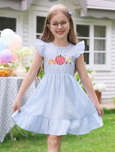 IMEKIS Toddler Kids Girls Back to School Dress Ruffle Sleeve Plaid Embroidered Kindergarten Outfit 3-8T2