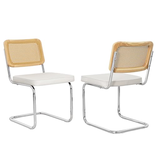 SoarTalent - Juego de 2 sillas de Comedor de Terciopelo con Respaldo de ratán, diseño Breuer y Base de Cromo Inoxidable para Restaurante y apartamento (Blanco)