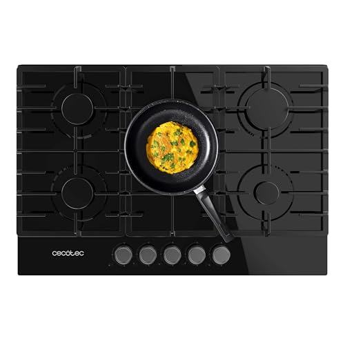 Cecotec Placa de Gas 5 Fuegos Bolero Squad GN 5200F Glass Black. 11kW, Preparada para Gas Natural, Cristal Negro, Parrillas Completas de Hierro Fundido, Quemador Wok, Sistema de Seguridad