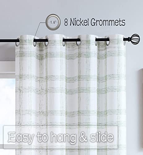 White Green Geometric Window Curtain Panel Pairs 84" Long For Living Room Linen Blend Semi Sheers Grommets Top Rustic Farmhouse Style Window Treatment Drape Sets For Holiday 54"X84"X2, Sage/White #TOP2