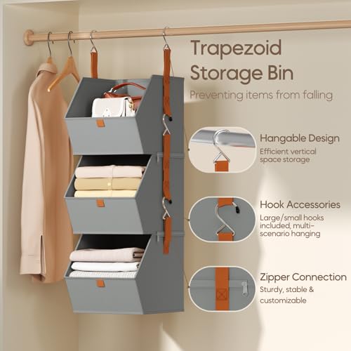 Image of Homsorout Collapsible Hanging Closet Organizer - 3 Tier Closet Shelves Storage System with Hooks, Fabric Hanging Storage Bins for Clothes, Foldable Storage Basket for Laundry, Bedroom, Rv, Grey