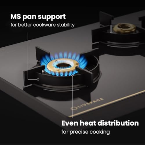 Image of Livspace Intellia 3 Burner Gas Stove | Auto Ignition | Premium Glass Top with Gold Themed knobs | 2 years Warranty | ISI Certifed | Full Brass Burners | 6 mm Toughened Glass | LPG & PNG