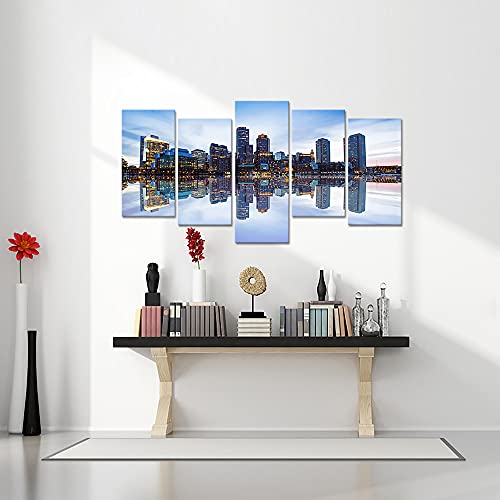 Canvbay 5 Pieces Boston City Skyline Canvas Art Wall Decor Panoramic Charles River Skyscrapers At Dusk Picture Prints Cityscape Paintings On Canvas Modern Artwork Home Decor For Living Room Framed Ready To Hang #TOP1