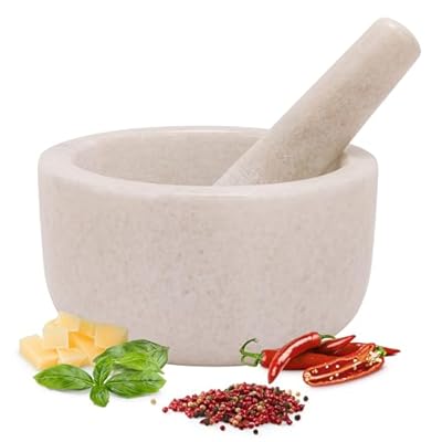 H&S Set de Mortero - Mortero Cocina de Piedra Maciza de Mármol para Machacar y Triturar Especias - Set Molcajete 18 cm de Cocina para Moler - Mortero Marmol Blanco | Ya disponible en tu tienda friki favorita! En mundofriki.es!