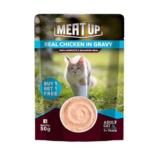 Image of Meat Up Adult Cat Wet Food 16 Pouches x 50g, Total 800g | Real Chicken in Gravy | Supports Heart & Vision Health | Healthy Skin & Coat | Natural Flavours | Organic Minerals & Vitamins