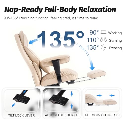 Image of Efomao Executive Office Chair 400lbs,Beige Big and Tall Desk Chair | Mattress-grade pocket spring cushion, sleek leather, 135 recline & footrest for computer gaming setup.