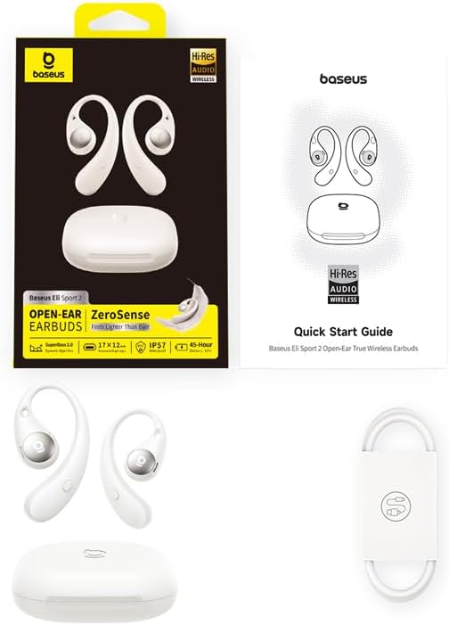 Baseus Eli Sport2 – Auriculares Abiertos para Deportes con Curva de Confort en S, Tiempo de reproducción 45H, SuperBass 2.0, IPX7, Bluetooth 6.0, 4 micrófonos, Llamadas claras con Inteligencia 10