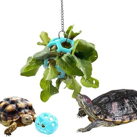 Turtle Feeder Ball with Chain, Hanging Turtle Food Feeder Ball, Tortoise Enclosure Accessories, Turtle Enrichment Toys for Rabbit Bunny Guinea Pig, Turtles Toy for Habitat, Rabbits Supplies (Sky Blue) Cover