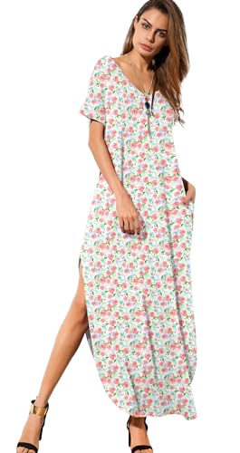 Image of GRECERELLE Women's Summer Maxi Dress Casual Loose V Neck Short Sleeve Side Split Long Dresses with Functional Pockets