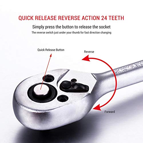 TOPWAY 1/4 Inch Socket Set 46PCs, Mechanical Tool Set 4-14mm Metric Drive with 24-Teeth Quick-Released Ratchet Wrench, Extension Bars, Universal Joints and Bits, High Grade Chrome Vanadium Steel 6 TOPWAY 1/4 Inch Socket Set 46PCs, Mechanical Tool Set 4-14mm Metric Drive with 24-Teeth Quick-Released Ratchet Wrench, Extension Bars, Universal Joints and Bits, High Grade Chrome Vanadium Steel - Image 6