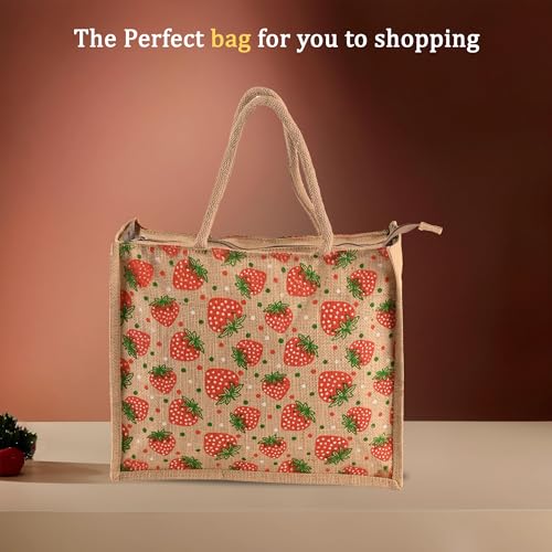 Image of Kuber Industries Pack of 6 Multi-purpose Jute Lunch Bags For Office Men /Women | Reusable Grocery Bag with Zip & Handle | Carry bag For Office Employees | Strawberry Print - Red & Brown