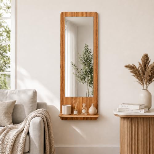 Image of Creative Arts n Frames Full Length Long Wall Mount HD Mirror with Shelf for Bedroom Bathroom Living Room Home Office Decor(15x47 inch Framed Mirror with Shelf Rectangular Natural Iqurel Oak Light)