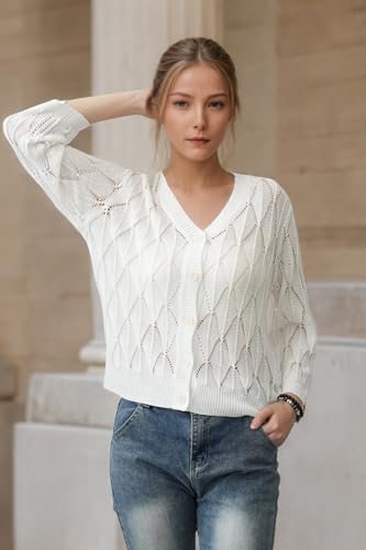 Image of Women's 2025 Crochet Sweater Cardigan 3 /4 Sleeve Lightweight Summer Knit Sweater | Open Front Boho Shrug Top | Beach Cover-Up & Office Wear | Machine Washable 21-White-L