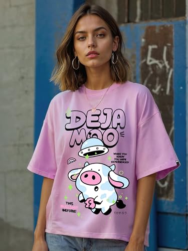 Image of Bewakoof Women's Cotton Oversized Fit Half Sleeve Round Neck T-Shirt | Casual wear | Streetwear | Oversized Tshirt for Woman Cotton| Baggy