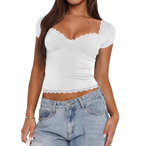 Yassiglia Women Y2K Vintage Graphic Tops Summer Short Sleeve Crew Neck Shirt Goth Punk Crop Top Slim Fit Baby Tees Grunge Aesthetic Clothes for Girls
