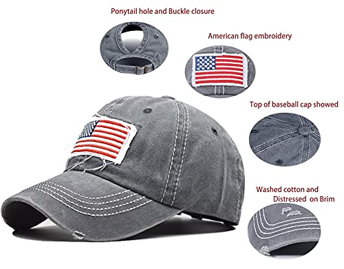 Image of IZUS Ponytail-Baseball-Hats for Womens Distressed-American-Flag-Embroidered-Caps Washed-Cotton Trucker Dad-Hat for Adult