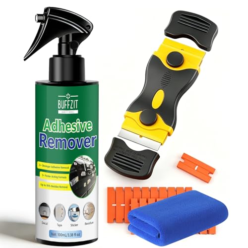 BUFFZIT Adhesive Remover for Cars Glass & Plastic Fast Glue & Sticker Remover Spray for Tape Labels Decals & Residue Safe on Windows Carpet & Car Surfaces with Scraper & Towel .38 fl oz