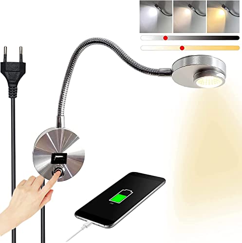 Aplique Pared Lectura, Lampara Lectura Pared Flexible Regulable con Puerto USB, Temperatura de 3 Colores y Regulación Gradual de Brillo, 3W Flexo Pared con Enchufe y Interruptor Tactil para Dormitorio Cover