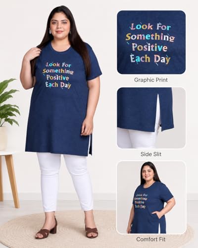 Image of In Love Women Cotton Regular Fit Plus Size Long-Line Chest Print T-Shirt with Pocket