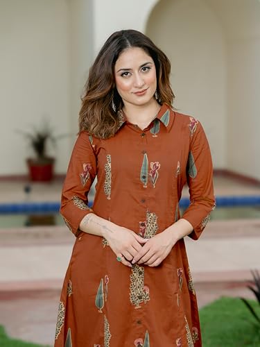 Image of Arayna Women's Pure Cotton Printed A-Line Kurta Set with Pants | Button-Down Collar Kurta