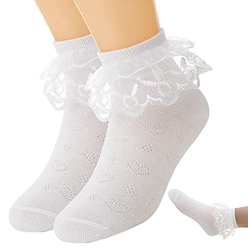 Ormromra 1 Paar Mädchen Spitze Rüschen Socken, Süße Crew Elastische Baumwollsocken, Spitzen Ballet Knöchelsocken, Stricken Baumwoll Socken für Frauen, Kleinkind, Damen, Schulmädchen Cover