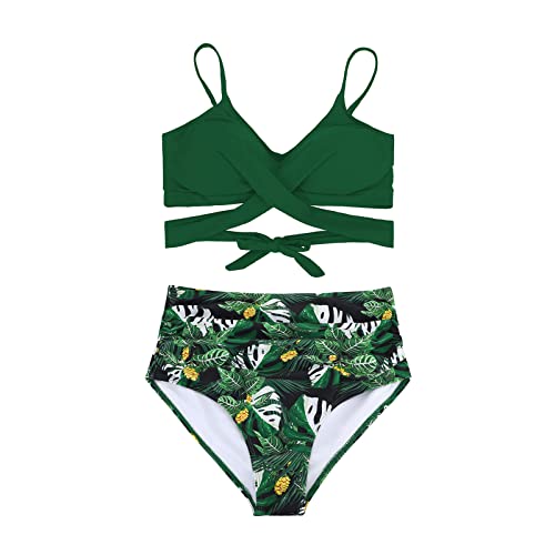 Image of American Trends Women's Two Piece Swimsuits Athletic High Waisted Bathing Suits Halter Sporty Swimming Swimwear for Women Green Print L