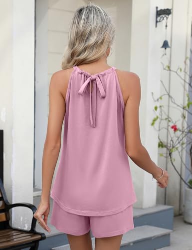 Image of Rapbin 2 Piece Short Sets for Women Casual Vacation Summer Outfits Sleeveless Halter Tops Loose Fit
