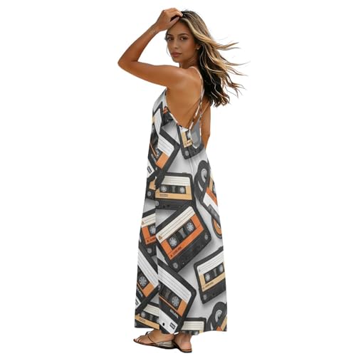 Robe de plage sexy noire imprimé bandes cassette rétro et fines bretelles