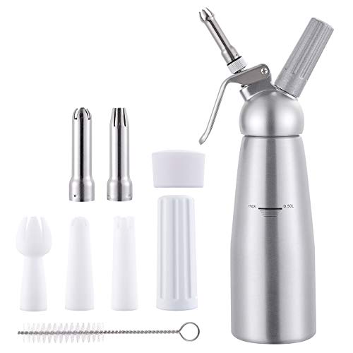 Timoston 0.5L Sahnespender für Schlagsahne,10 in 1,Cremes und Soßen Schlagsahnebereiter mit 3 Edelstahl Spritztüllen Profi Sahnesyphon aus Aluminium 500mL (Silber)