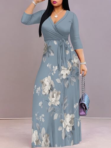 Image of SUZONANA Plus Size Dresses for Women Floral Print Maxi Dress Flowy 3 /4 Sleeve with Belt