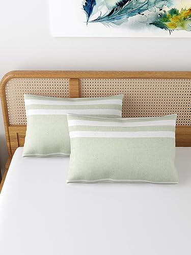Image of 180 TC Pillow Cover Set of 2 | Pillow Cover Cotton 100% | Pillow Cover Set of 2 King Size | Wrinkle Free & Fade Resistance | Striped Pattern | Standard Size | All Season Use (Parrot Green)