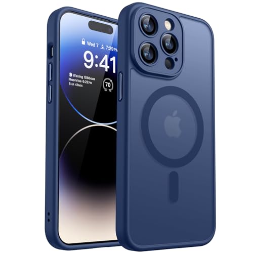 CANSHN iPhone 14 Pro 用 ケース Magsafe対応 カメラ周辺保護 ワイヤレス充電 あいふおん 14 Pro 用 ケース 耐衝撃 エアガードコーナー 傷つき防止 指紋防止 リング マグネット搭載 半透明マット仕上げ アイフォン 14 Pro 用 カバー- ディープブルー