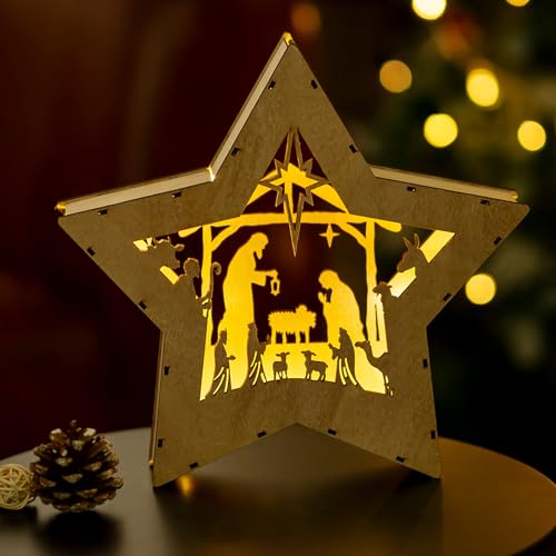 NUPTIO Krippe Weihnachten Holz mit Beleuchtung: mit Timer 30cm...