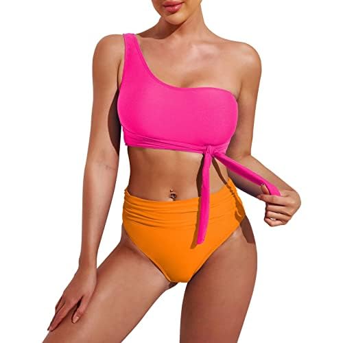 Pink Queen Women's One Shoulder High Waisted Bikini Set Two Piece Tie Ruched Swimsuit Medium Pink and Orange