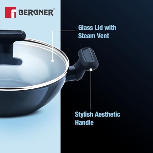 Image of BERGNER Jade 24cm (2.5L) Kadai with Glass Lid, Ceramic Non-Stick Coating, Sturdy Soft Touch Handles, PFOA /PFAS /PTFE Free, Healthy Cooking, Forged Aluminium - Induction and Gas Stove Ready