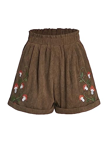 COZYEASE Women's Plants Embroidery Corduroy Shorts Paperbag Waist Elastic Waist Straight Leg Casual Shorts Coffee Brown M