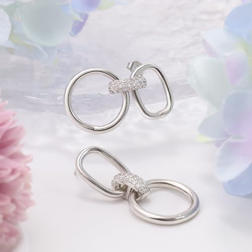 Silver Dangle Earrings for Women Trendy Sterling Silver Triple Hoop Stud Earrings Hypoallergenic Cubic Zirconia Circle Drop Dangle Earrings for Sensitive Ears Fashion Women's Earrings Christmas Gifts4