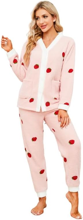 Womens Fuzzy Plush Pajama Set, Soft Warm Fleece Pajama for Women Cute Long Embroidered 2 Piece Sleepwears