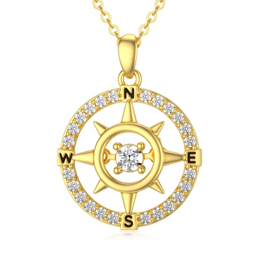 SISGEM 14K Solid Gold Compass Necklace for Women Teen Girls,Yellow Gold Working Compass Pendant Necklace Inspirational Jewerly Gifts for Birthday Mothers Day 16+1+1 inch (14K Gold-Yellow)