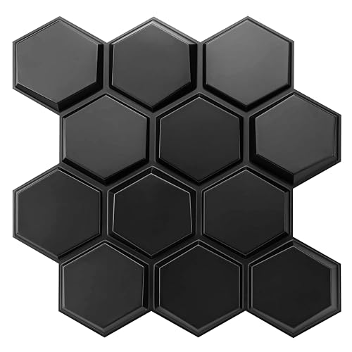 Image of Kayra Decor 3D PVC Wall Panel Black Textures Hexagon Design Pack of 12 (19.7 inch X 19.7 inch Covers 32.28 Sq. ft.) PVC Panel for Home Kitchen Studio Saloon Living Room Gaming Room and Office Decor