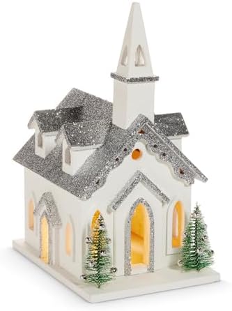 RAZ Imports 12.5" Christmas Lighted White Wooden Church Figurine with Silver Glitter