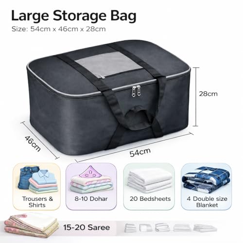 Image of RADIANT Nylon Big Underbed Storage Bag Moisture Proof Cloth Organiser with Zippered Closure and Handle(BlackGrey, 54x46x28cm) (Rectangular) (Grey - Pack of 1)