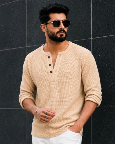 Image of AUSK Men's Waffle Knit Henley T-Shirt | Cotton Blend Full Sleeve Textured Casual T Shirt | Regular Fit Button Placket Round Neck Tshirt for Men