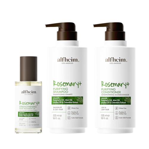 ALFHEIM Rosemary Shampoo, Conditioner and Oil 3-Piece Set Deep Cleansing Scalp Care Strengthens Roots & Prevents Flatness Sulfate & Paraben-Free for Oily Scalp