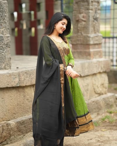 Image of Women's Vichitra Silk Anarkali Gown with Dupatta, Navy Blue Flared Traditional Dress with Magenta Zari Border, Jacquard Weaving Full Sleeves Ethnic Suit