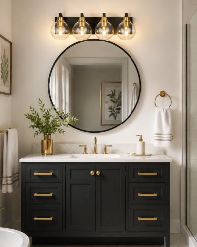Image of Bathroom Light Fixtures, 4-Light Black and Gold Bathroom Vanity Light, 26 Inch Modern Wall Sconces with Globe Clear Glass Shade, Vanity Lighting Fixtures Over Mirror, VL195-KG-4