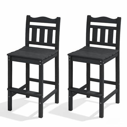 Image of Outdoor Bar Stools Set of 2, HDPE Tall Adirondack Bar Chairs 27.5 Inch Seat Height w /Backrest, All Weather Patio Bar Height Chairs for Bistro Balcony Deck Poolside (Black)