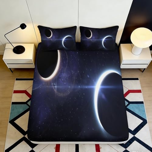 Sábana Fitted Sheet 3D Impreso Galaxia Microfibra Bolsillo Profundo Antideslizante, Astral Mattress Fitted Cover Lavable Ajustable Super King（180x200cm）