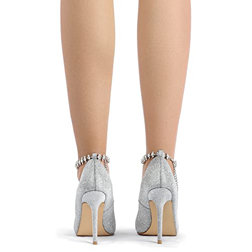 Sifinelar Women Silver Sequins Stiletto High Heels Pointed Toe Rhinestone Ankle Strap Pumps Glitter Prom Wedding Shoes #TOP3